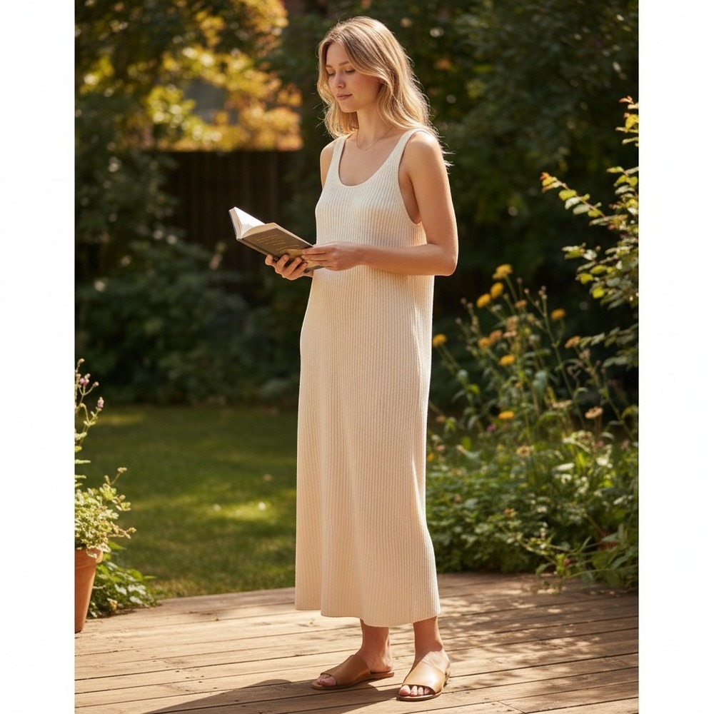 Miss Love Knit Midi Dress Women Cream Ribbed Boho Sleeveless SIZE M